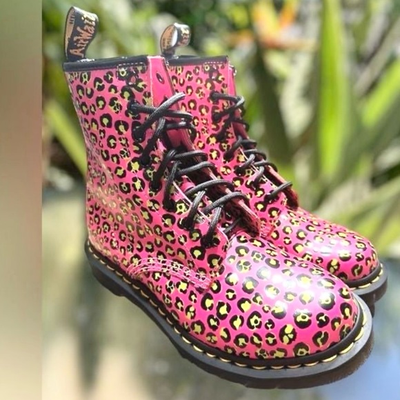 Dr. Martens Shoes - DR MARTENS 1460 Skull Leopard Smooth Leather Lace-Up Boot Clash Pink Size 7